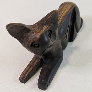Hand Carved Wooden Cat Art Sculpture 4.75 inch Brown Decor